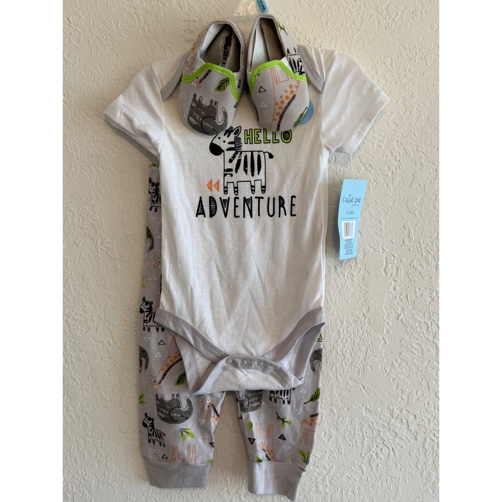 Cutie Pie Baby Boys 3pc Safari Bodysuit Joggers Shoes Set Zebra White Grey 3-6M